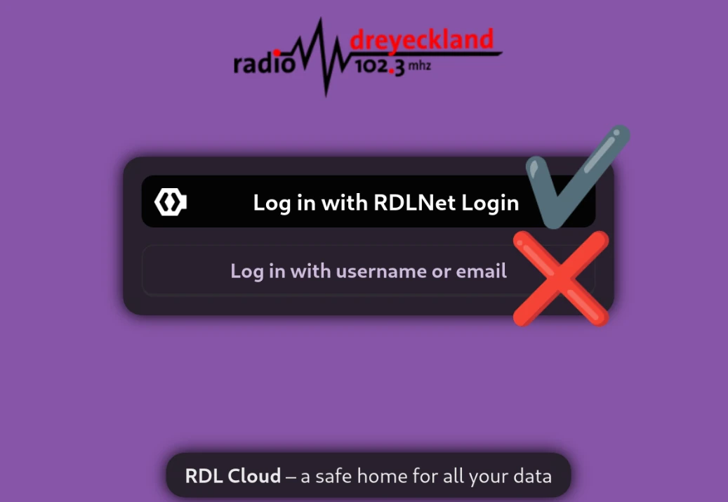 Loginseite von der Cloud, mit Checkmark bei RDlnet und Kreuz bei Email